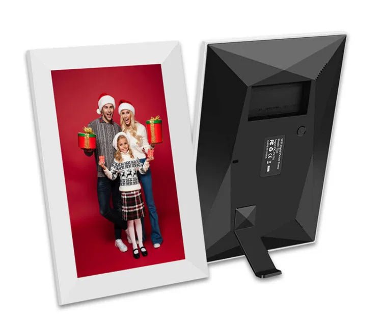 10.1-inch WiFi digital picture frame with HD IPS touchscreen displaying family photos on a modern tabletop.