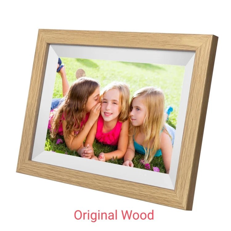 10.1-inch WiFi digital picture frame with HD IPS touchscreen displaying family photos on a modern tabletop.