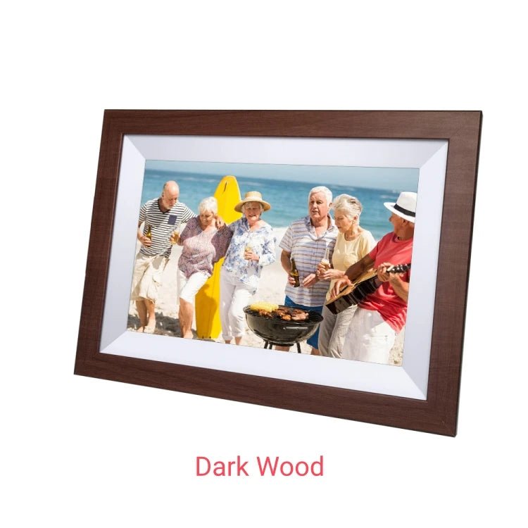 10.1-inch WiFi digital picture frame with HD IPS touchscreen displaying family photos on a modern tabletop.