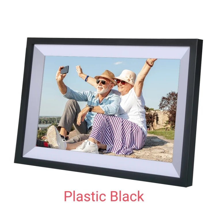 10.1-inch WiFi digital picture frame with HD IPS touchscreen displaying family photos on a modern tabletop.