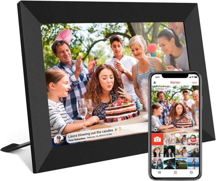 10.1-inch WiFi digital picture frame with HD IPS touchscreen displaying family photos on a modern tabletop.