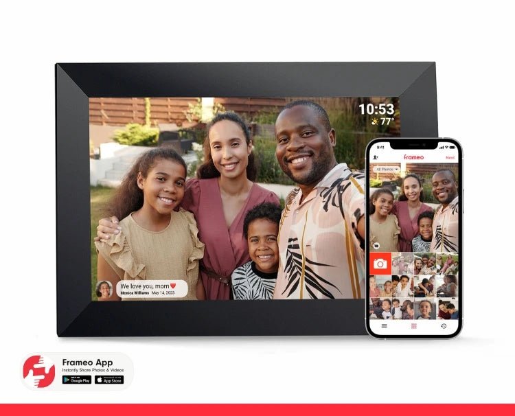 10.1-inch WiFi digital picture frame with HD IPS touchscreen displaying family photos on a modern tabletop.