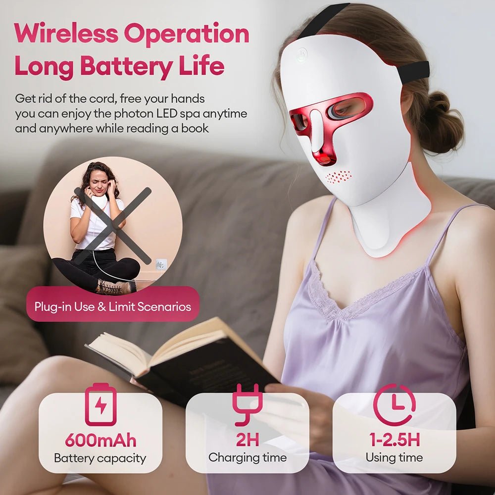 Wireless 7 Colors LED Face Neck Mask Rechargeable Photon Therapy Mask Red Light Skin Tightening Lifting Facial Beauty Device Home SPA Facial Care Machine - Velvet Haven