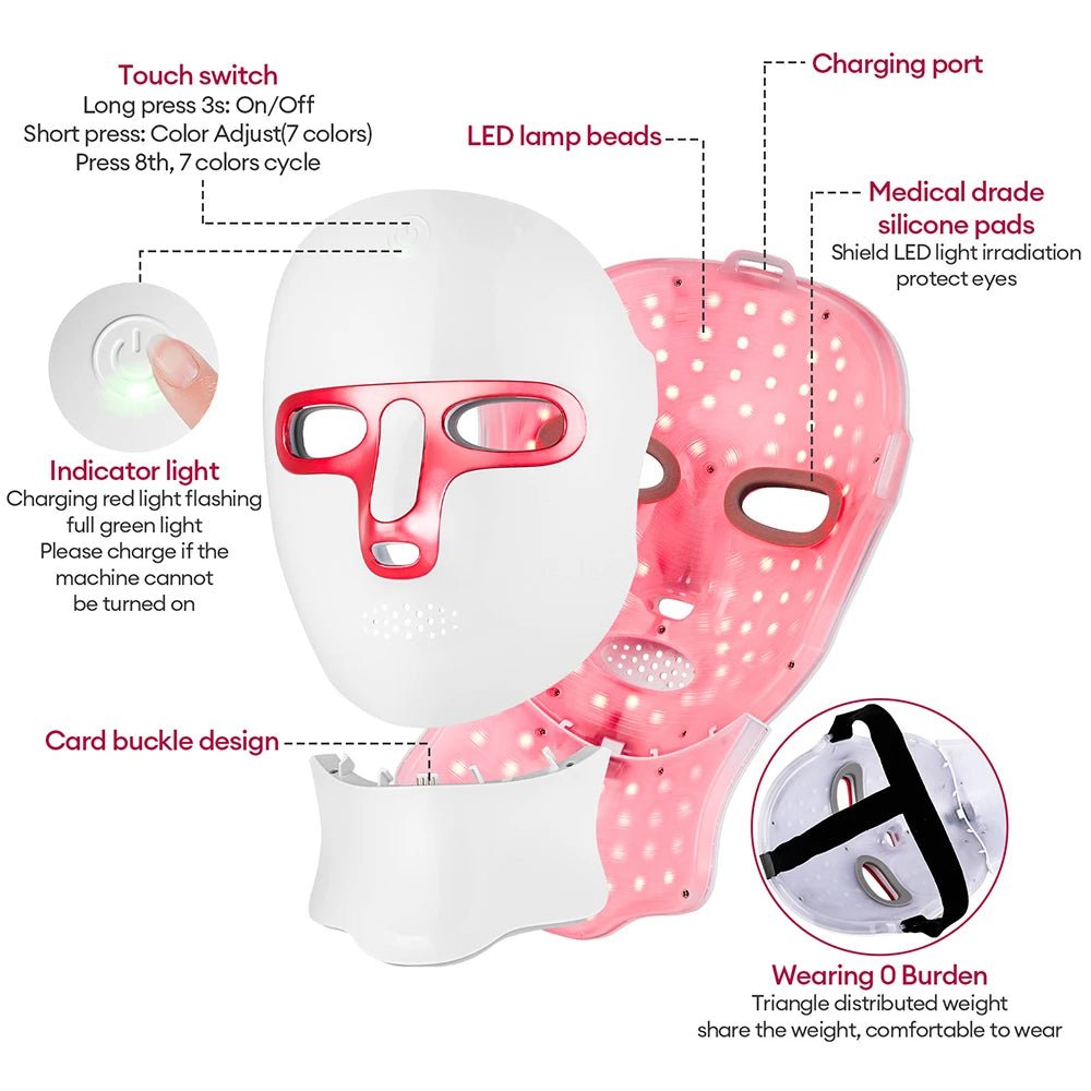 Wireless 7 Colors LED Face Neck Mask Rechargeable Photon Therapy Mask Red Light Skin Tightening Lifting Facial Beauty Device Home SPA Facial Care Machine - Velvet Haven