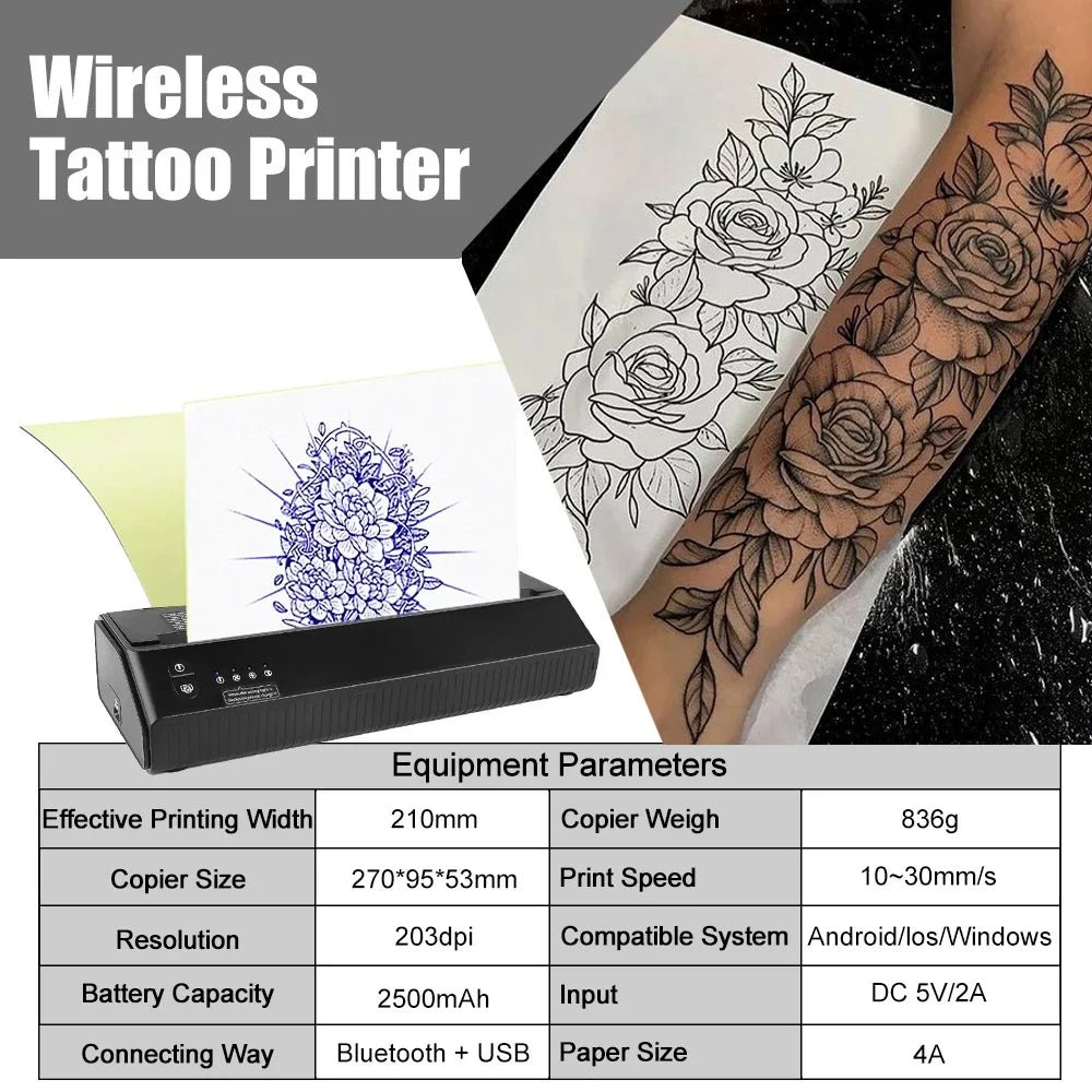 Wireless Tattoo Transfer Machine Bluetooth Stencil Transfer Printer Portable Thermal Printing Copier 10PCS Tattoo Paper Provide - Velvet Haven