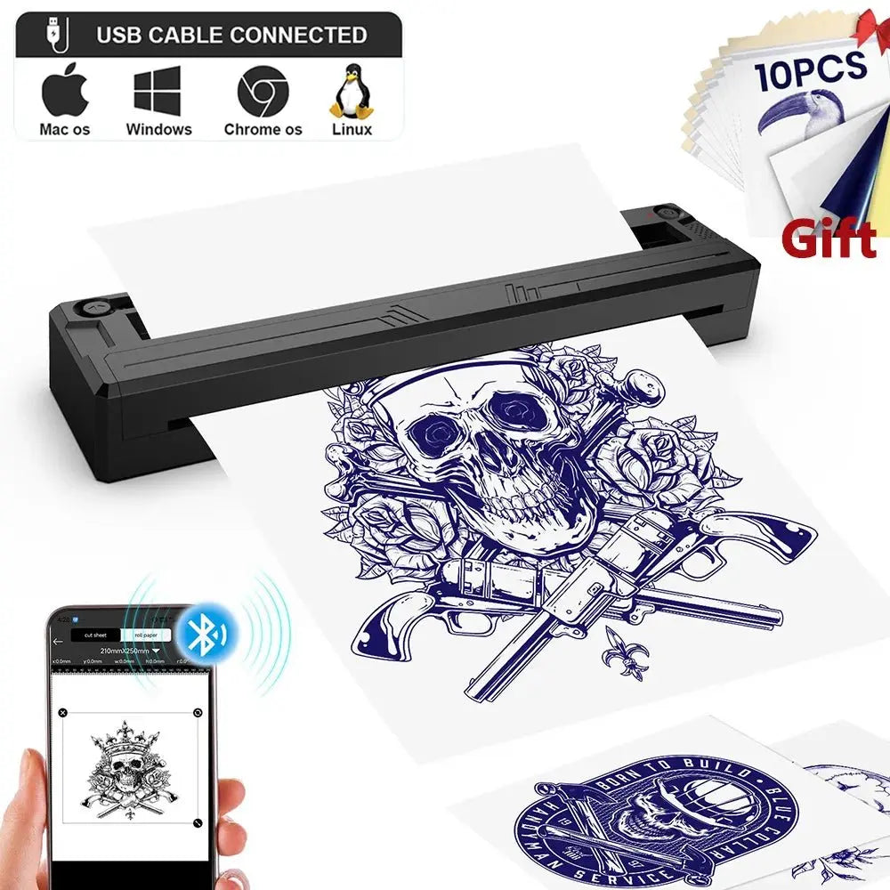 Wireless Tattoo Transfer Machine Bluetooth Stencil Transfer Printer Portable Thermal Printing Copier 10PCS Tattoo Paper Provide - Velvet Haven