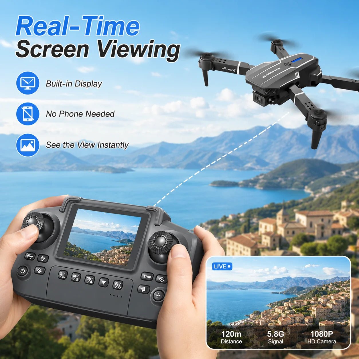 ZNLYRION 2.4Ghz RC Drone with HD Dual Camera Altitude Hold Path Planning Flight 3-Speed Adjustable Foldable Drone Toy - Velvet Haven