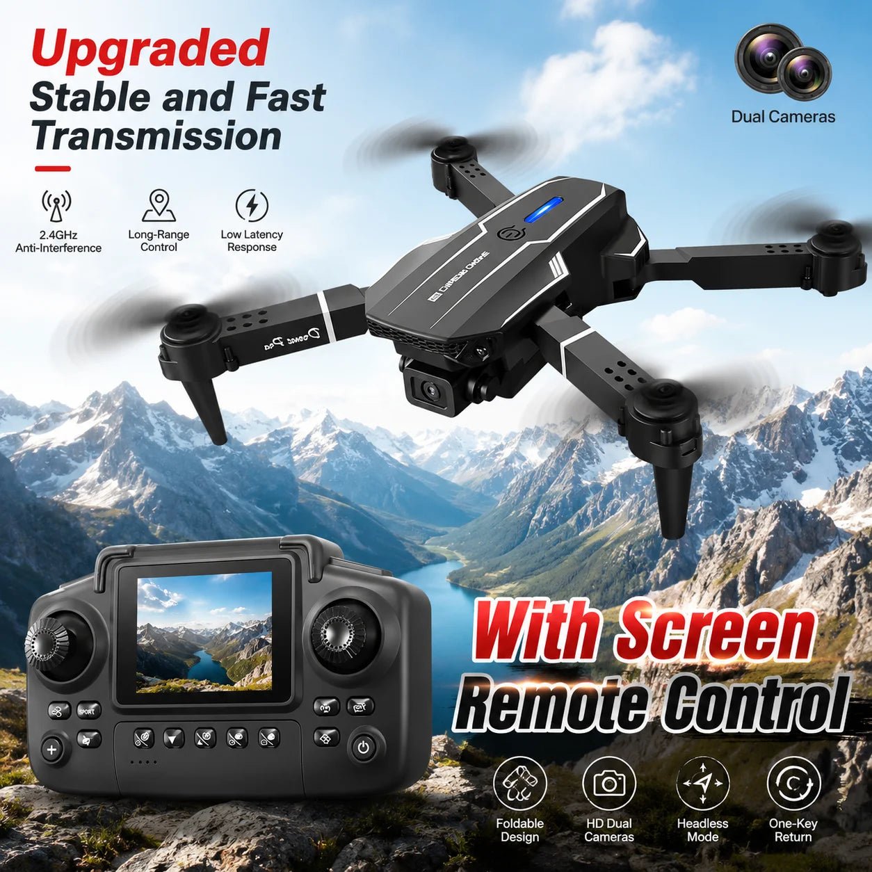 ZNLYRION 2.4Ghz RC Drone with HD Dual Camera Altitude Hold Path Planning Flight 3-Speed Adjustable Foldable Drone Toy - Velvet Haven