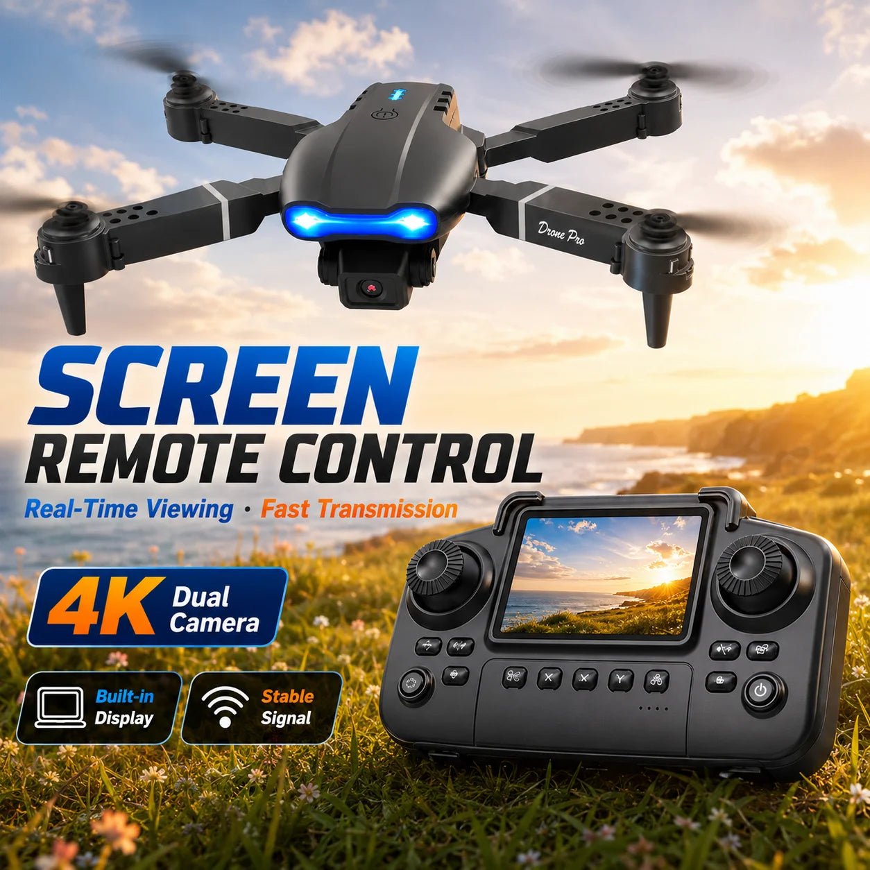 ZNLYRION RC Drone with Screen Remote Control 4K Dual Camera Optical Flow Positioning Obstacle Avoidance Foldable FPV WIFI APP Control One Key Return 360° Flip Quadcopter Toy for Beginners - Velvet Haven