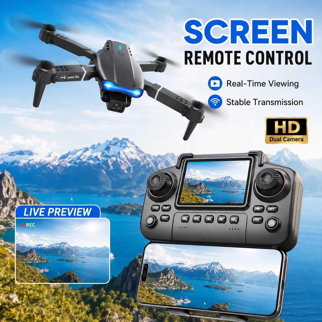ZNLYRION RC Drone with Screen Remote Control 4K Dual Camera Optical Flow Positioning Obstacle Avoidance Foldable FPV WIFI APP Control One Key Return 360° Flip Quadcopter Toy for Beginners - Velvet Haven