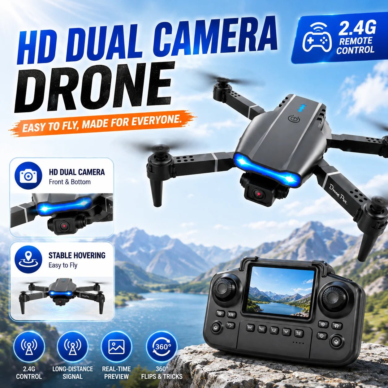 ZNLYRION RC Drone with Screen Remote Control 4K Dual Camera Optical Flow Positioning Obstacle Avoidance Foldable FPV WIFI APP Control One Key Return 360° Flip Quadcopter Toy for Beginners - Velvet Haven
