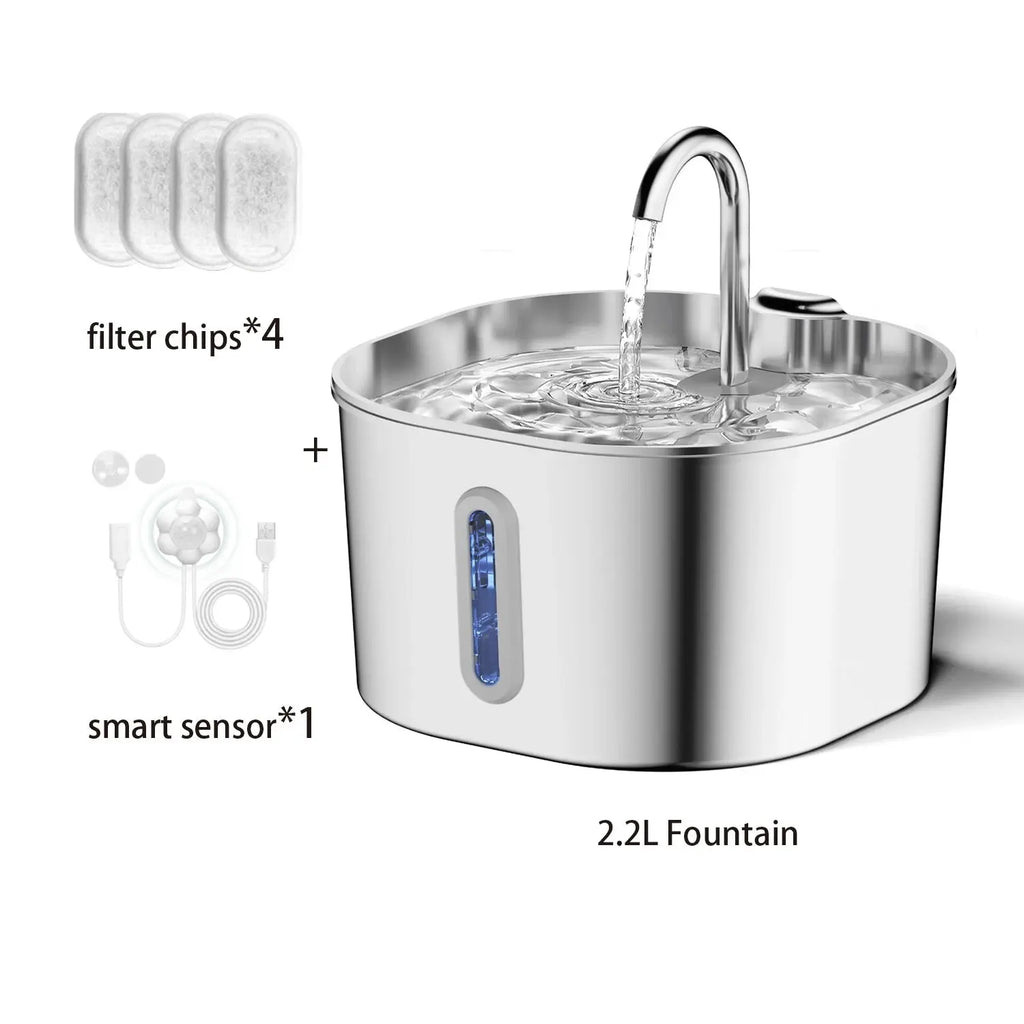 ZYFeeder 2.2L Automatic Cat Water Fountain Square Stainless Steel Pet Water Feeder Dog Water Fountain with window（No 5V 1A Plug） - Velvet Haven
